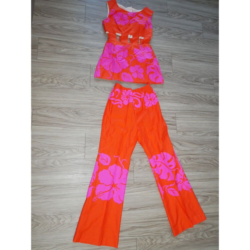 Vintage Orange Pink Hibiscus Floral Pant Set Cutout Top Womens XS